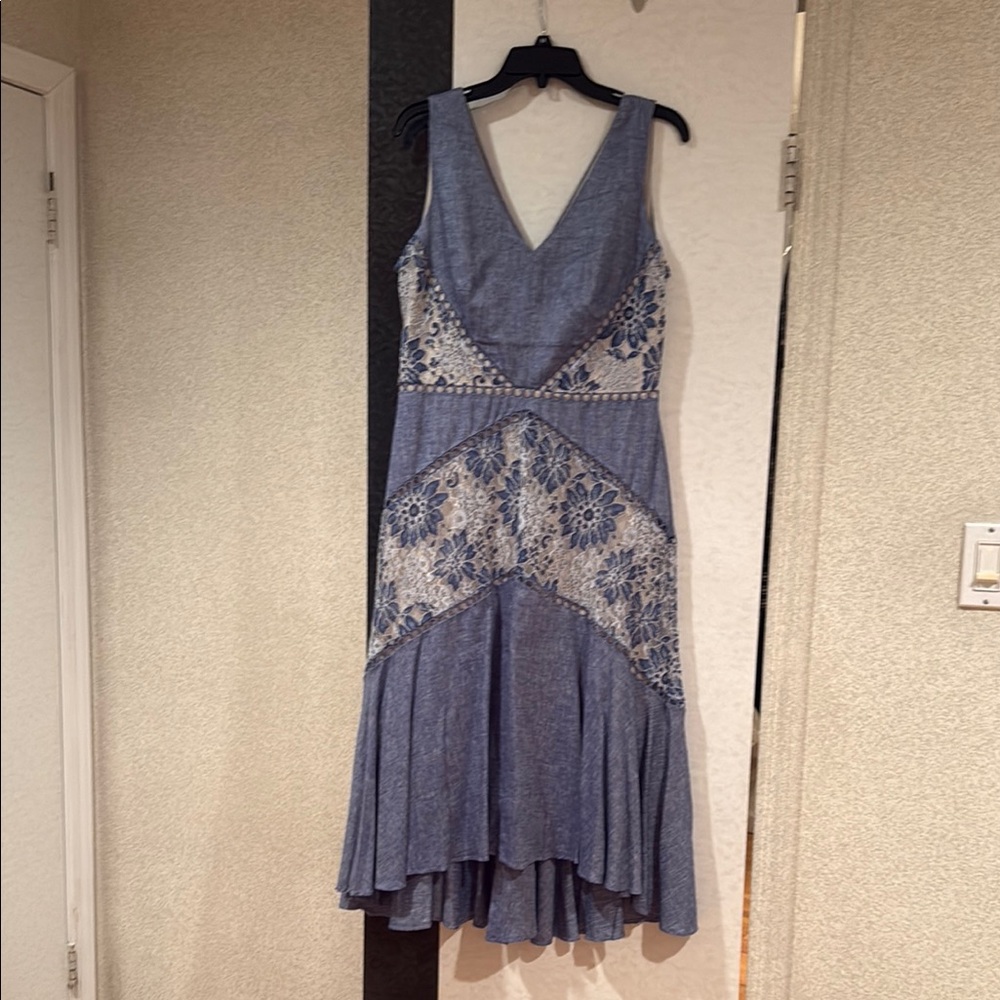 Neiman Marcus Blue High Low Dress with Lace Accents